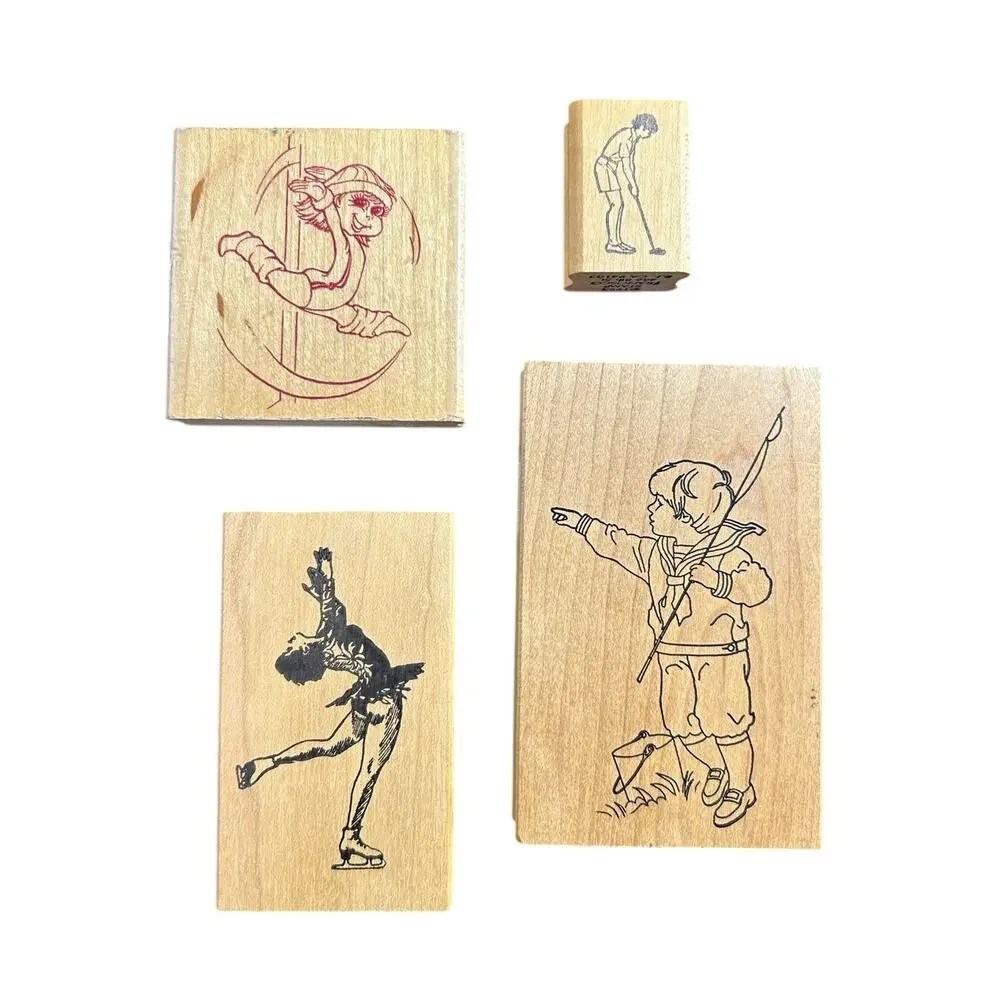 Vtg Wood Mounted Rubber Stamps- Sports Activities- Set of 4 Assorted Preowned
